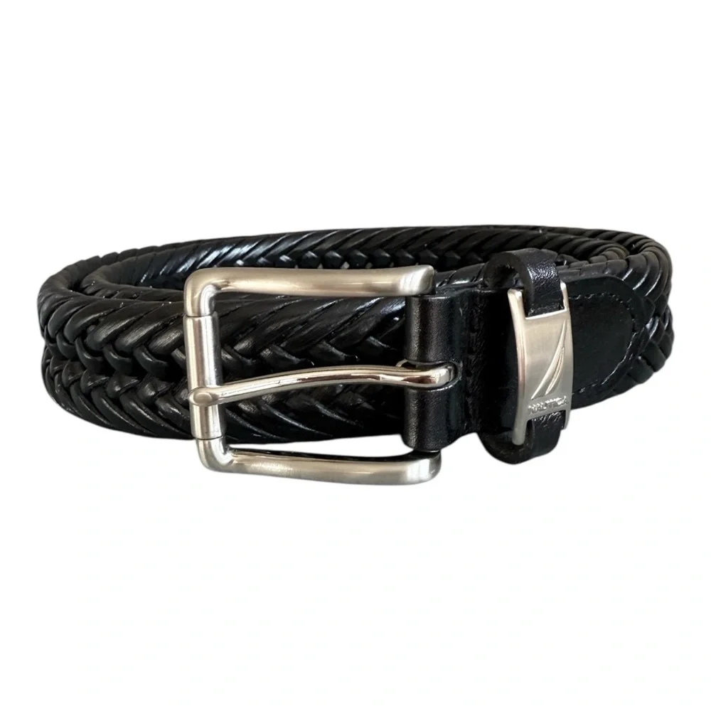 Nautica Men's Black Braided Leather Belt Size 38 Large X-Large Adjustable